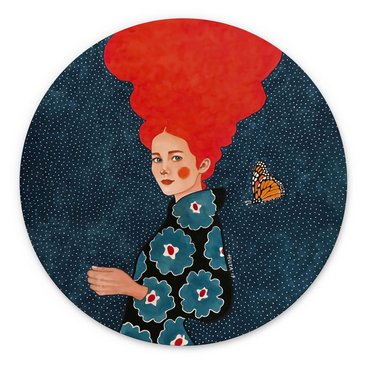 Wandbild Frau im Blumenkleid mit Schmetterling - Alu-Dibond - Hülya - Rund - WA491876