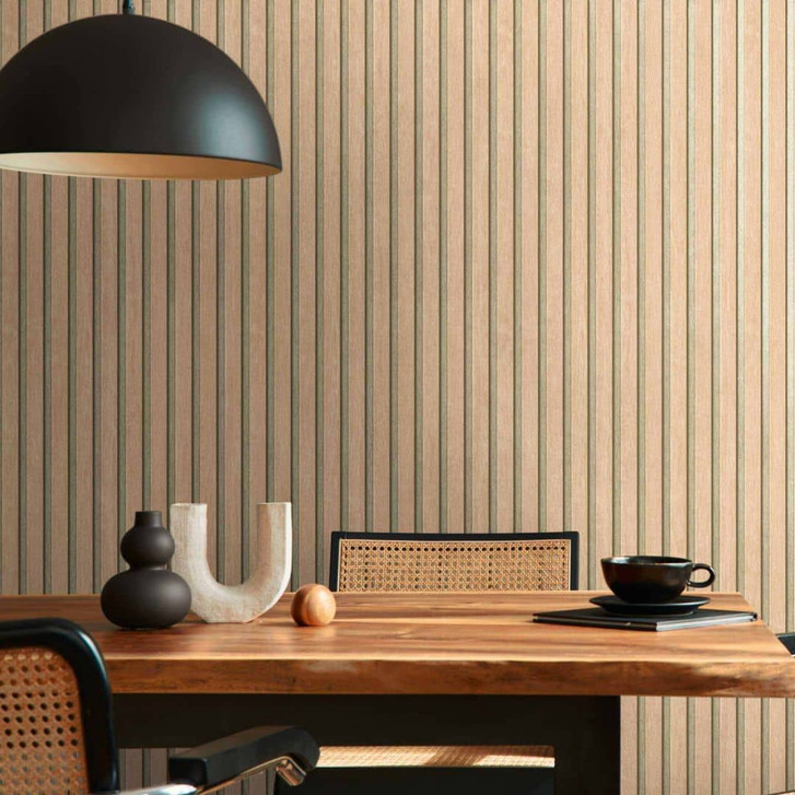 3D Tapete Beige mit Gold Metallic Hintergrund - skandinavische Akustik-Holzpaneel Optik - WA423404