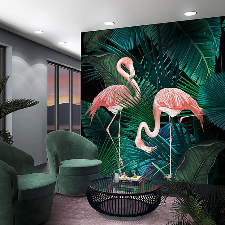 Fototapete mit Flamingos und Pflanzen, Rosa Illustration - 2.70 x 2.65 m - WA448793