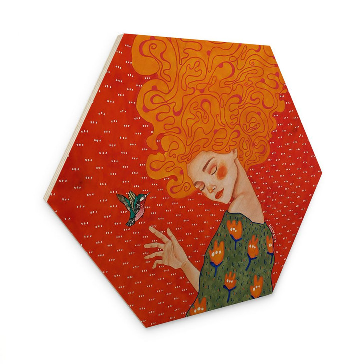 Hexagon-Holzbild Kolibri und Frau im roten Licht - Hülya - WA495434