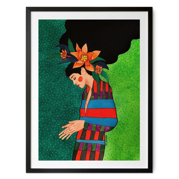 Poster Frau im Streifenkleid mit orangen Blüten - Hülya - WA498499