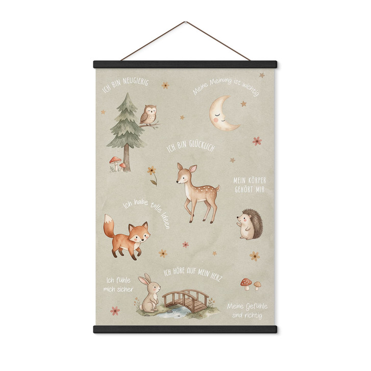 Stoffbild - Affirmationen Wald, Glaubenssätze zwischen Hase und Eule - WA517887