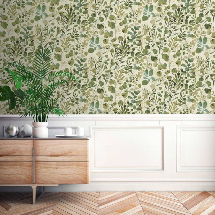 Pflanzen-Tapete Aquarell Grün Weiss - Vliestapete mit Blättermuster - Florale Tapete - WA465183