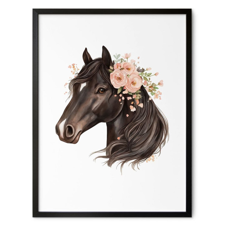Poster Schwarzes Boho Pferd mit Rosen | Kinderposter für Pferdeliebhaber - WA499195