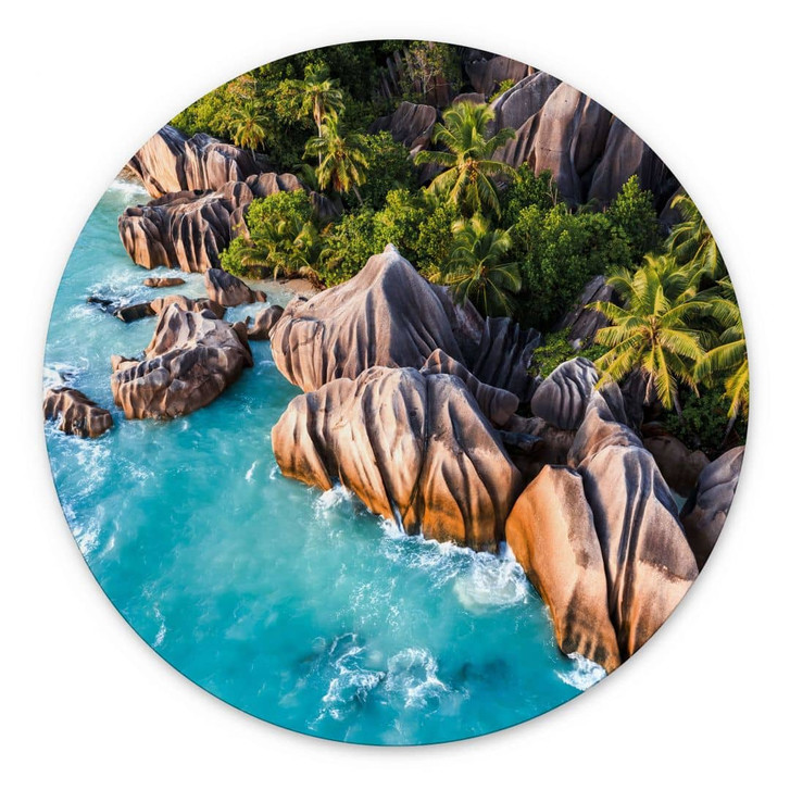 Wandbild Tropische Felsenküste der Seychellen - Colombo - Alu-Dibond Rund - WA464929