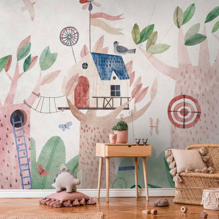 Fototapete Kinderzimmer Baumhaus Bunt - Vliestapete mit Spielplatzmotiv für Babyzimmer - WA418409