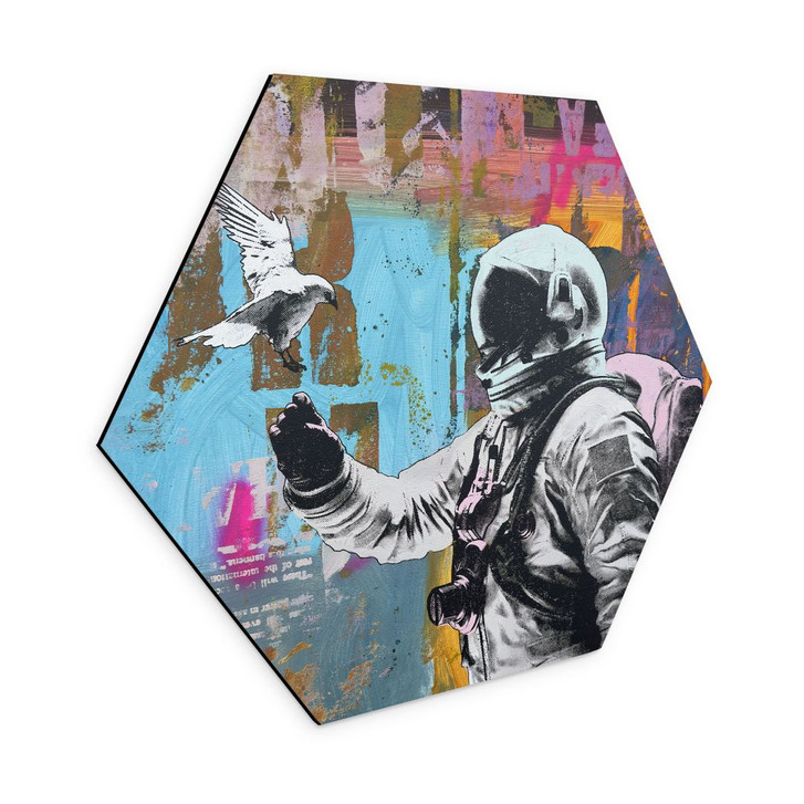 Hexagon Wandbild Astronaut mit Taube - Kuryliuk - Alu-Dibond - WA434115