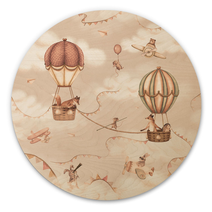 Holzbild Tierisches Abenteuer mit Heissluftballon - Oliver Robins - Rund - WA515030