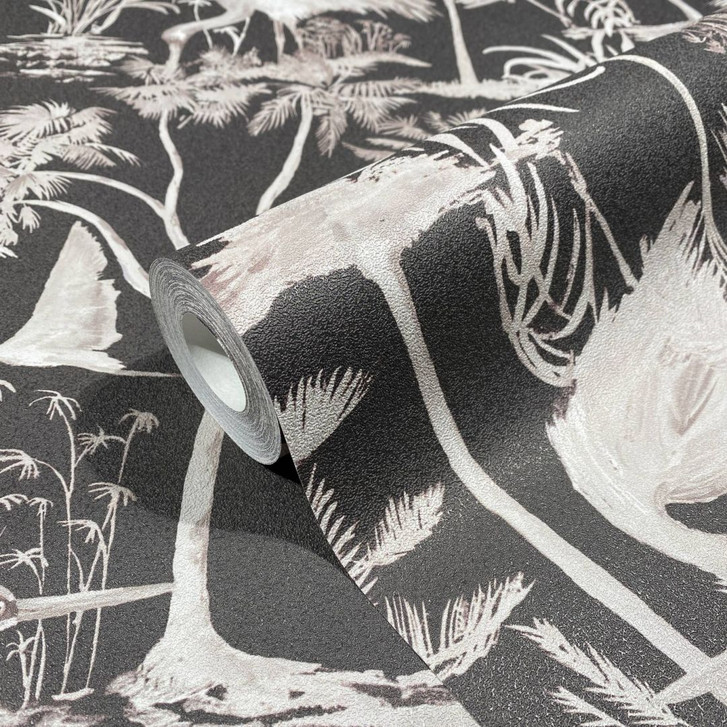 Vliestapete mit Schwänen und Pflanzen schwarz, grau Floral - WA445743