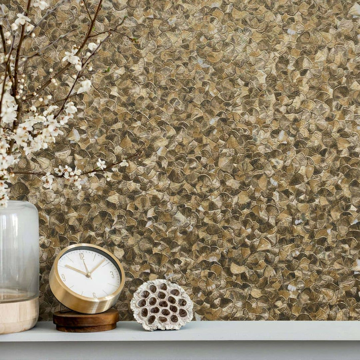 Vliestapete Blattmotiv Uni Klassisch in Gold, Lounge - WA508543