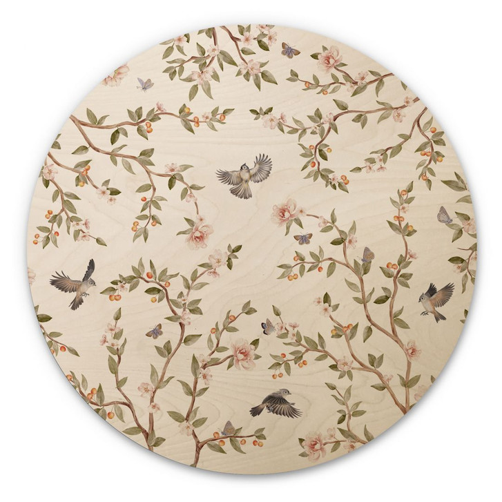 Holzbild Rosenstrauch mit Vögeln - Kikki Belle - Rund - WA425202
