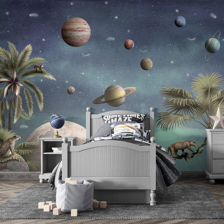 Kinderzimmer Fototapete Kikki Belle - Tropische Fantasiewelt mit Planeten und Palmen - WA398774