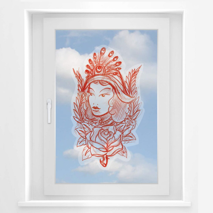 Fensterbild Miami Ink Frau mit Pfauenfedern - WA117492