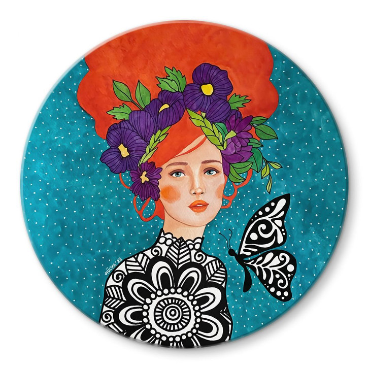 Glasbild Schmetterlingsfrau mit Blütenkranz - Hülya - Rund - WA495121