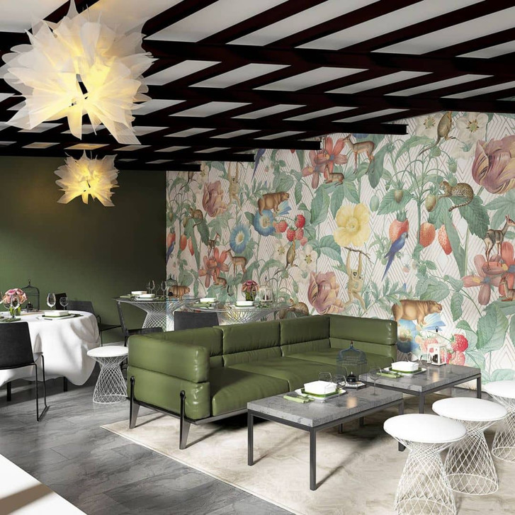 Fototapete mit Tieren und Pflanzen, Beige mit Illustration 2.70 x 2.12 m - WA448796