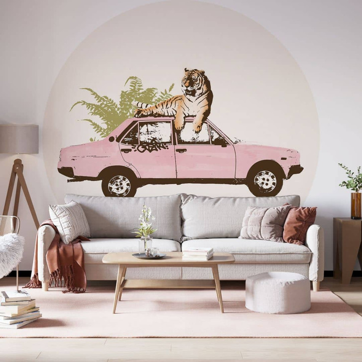 Fototapete Tiger auf rosa Auto - Rund - Bodart - Selbstklebend/Vlies - WA467414