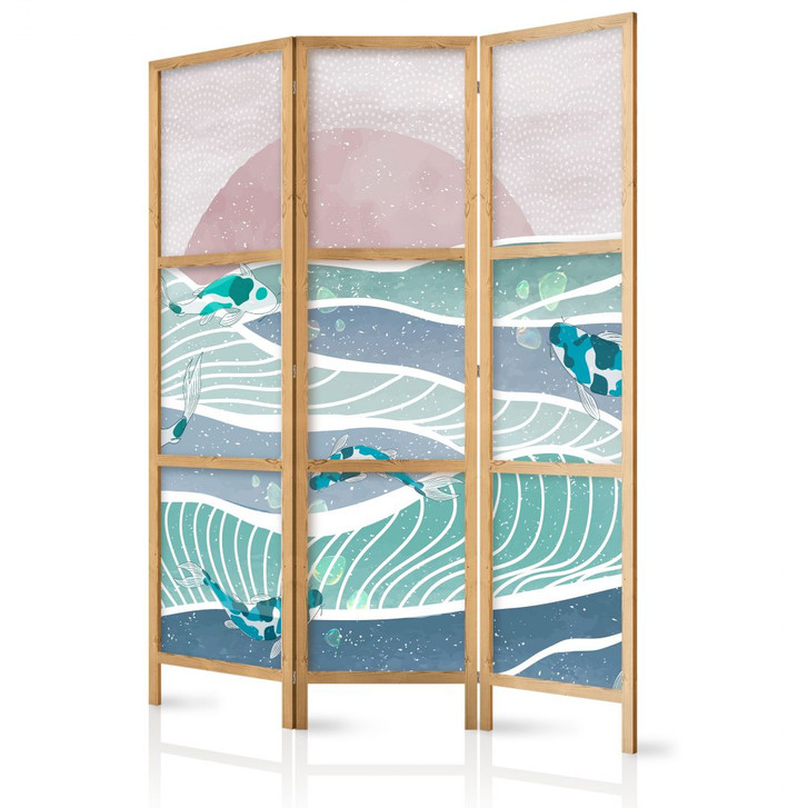 Japanischer Paravent, Raumteiler freistehend, Trennwand - Koi Fish Among Waves - WA455175