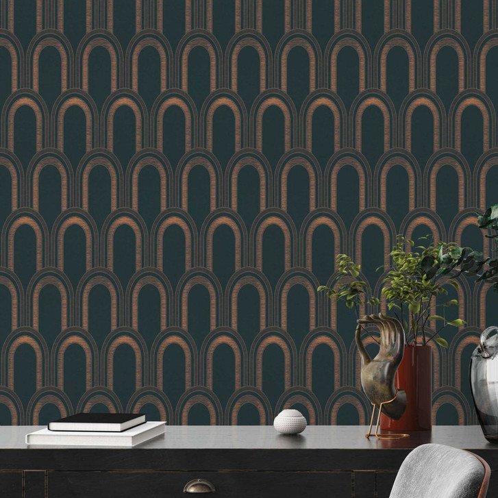 Mustertapete mit Bögen Art-Deco Style Schwarz Beige - Grafik-Tapete Retro-Look - WA415873