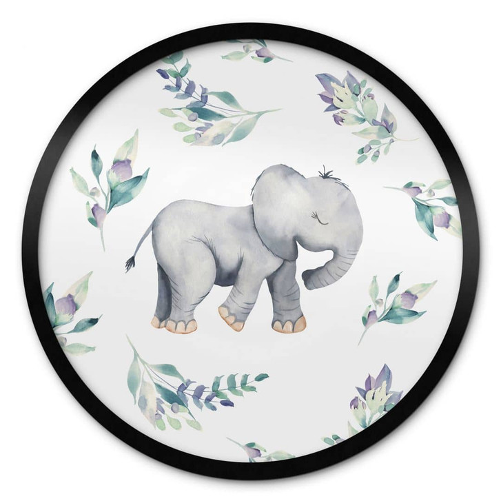 Poster Niedlicher Babyelefant zwischen Boho-Zweigen - UN Designs - Rund - WA409150