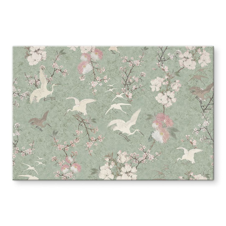 Wandbild Kraniche im Kirschblüten-Rausch Grün - Bloomery Decor - Alu-Dibond - WA491694