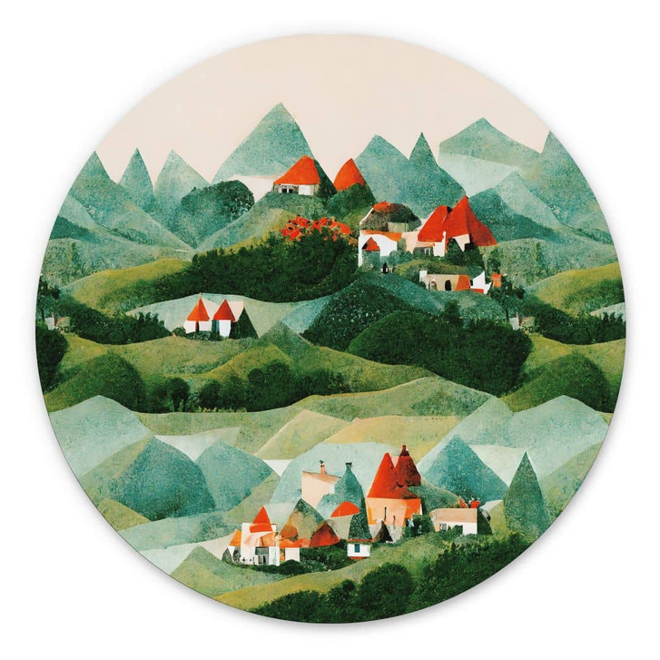 Wandbild Treechild - Kleines Dorf inmitten grüner Hügel - Alu-Dibond Rund - WA394416