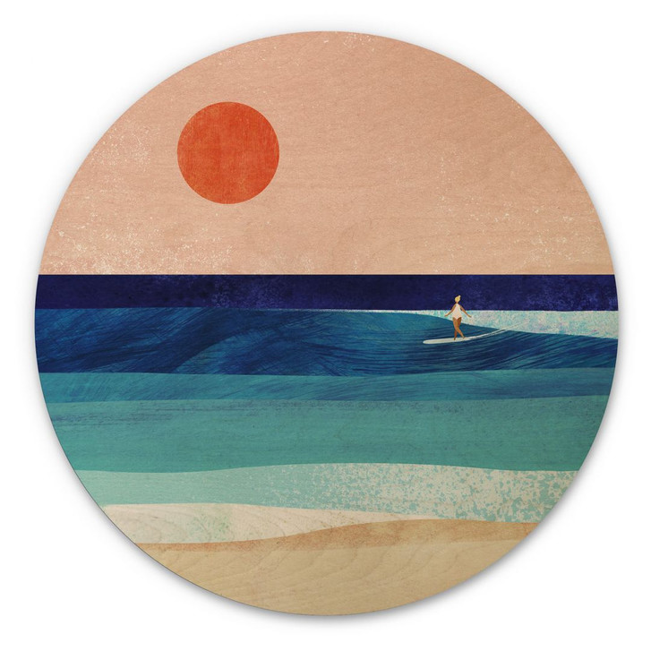 Holzbild Surfer Mädchen beim Sonnenuntergang - Rivers - Rund - WA425402