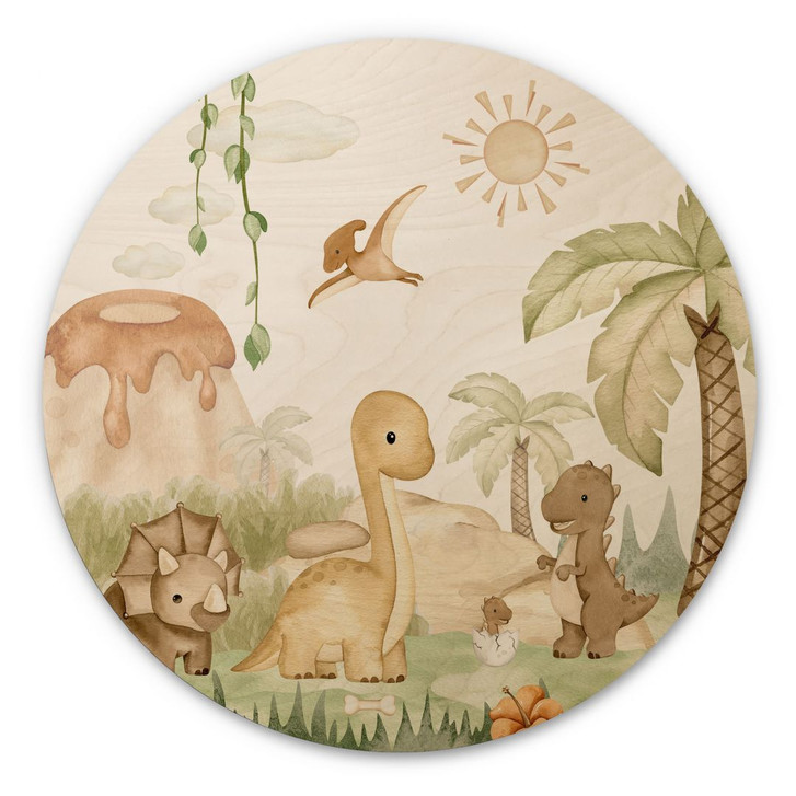 Holzbild Kleine Dinos auf grosser Entdeckungsreise - Oliver Robins - Rund - WA432476