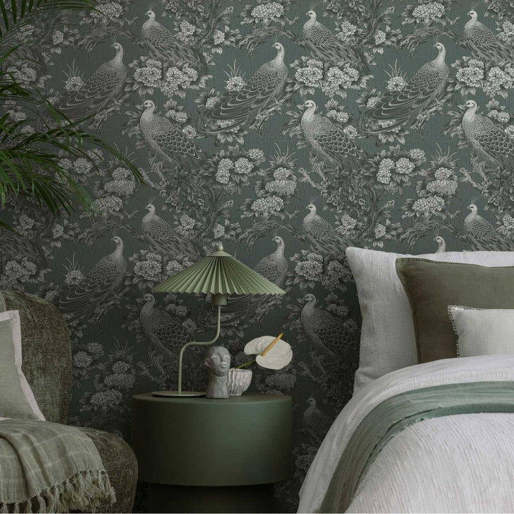 Vogel-Tapete Grau Schwarz - Vliestapete mit exotischen Pfauen und Blumenmotiv - WA458942