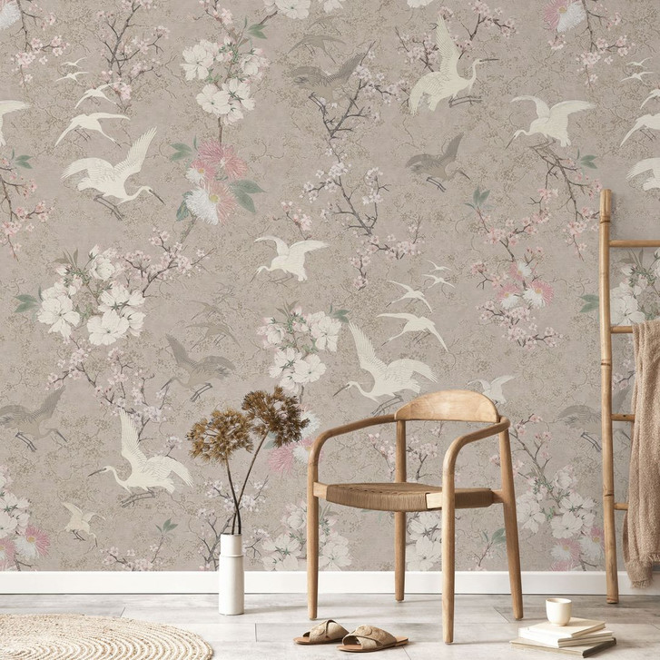 Fototapete Vogeltapete Japandi | Kraniche im Kirschblüten-Rausch Beige - Bloomery Decor - WA485288