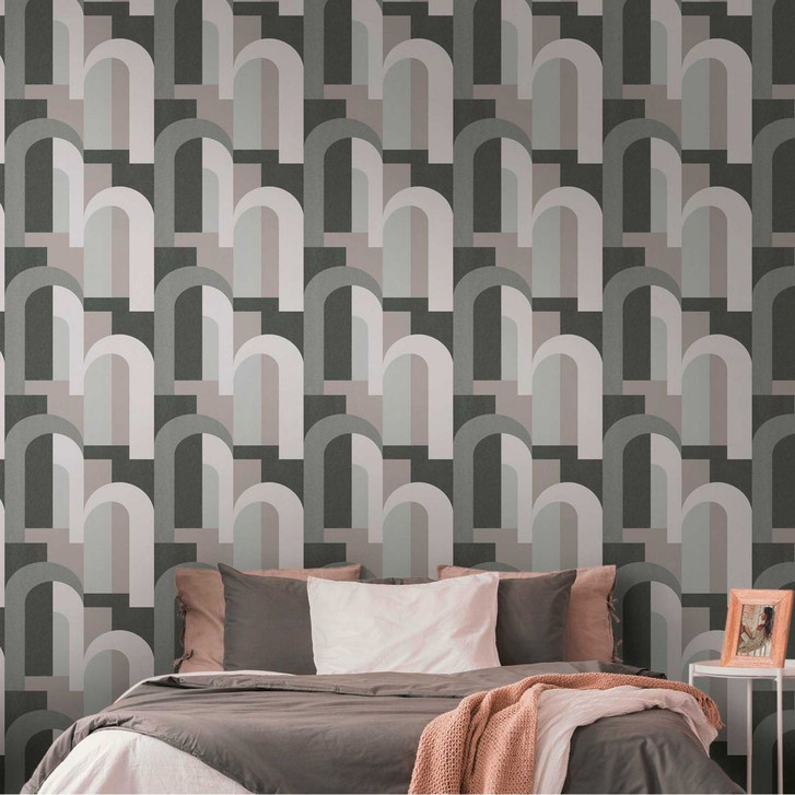 Grafik-Tapete im Art-Deco Stil Grau Schwarz - Vliestapete mit Retro-Muster - WA396427