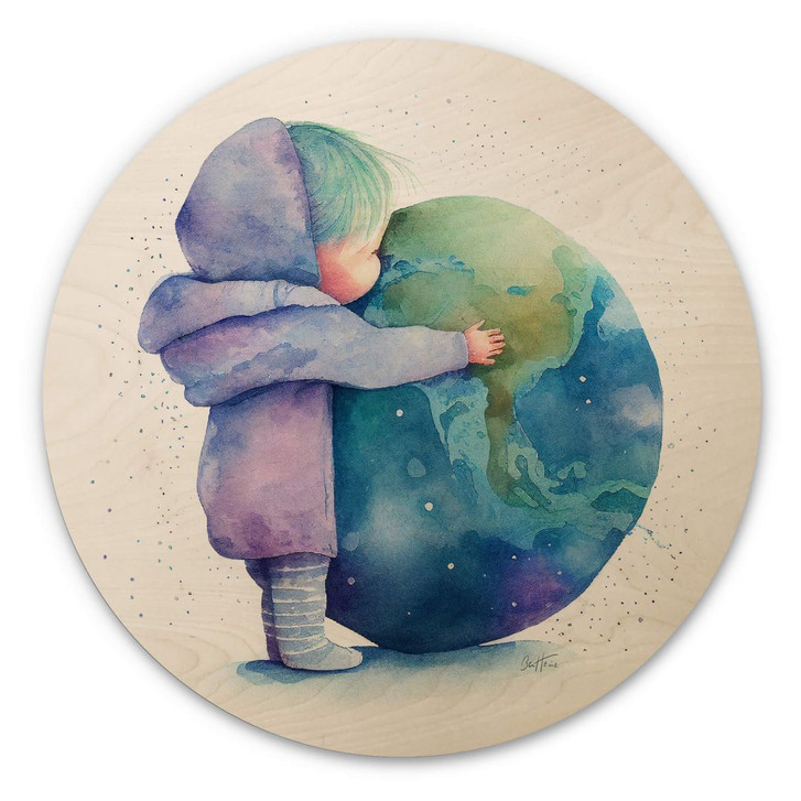 Holzbild Heine - Kind umarmt Erde - Astro Cruise - Rund - WA400835