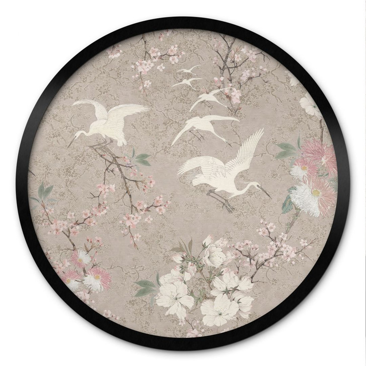Poster Kraniche im Kirschblüten-Rausch Beige - Bloomery Decor - Rund - WA485903