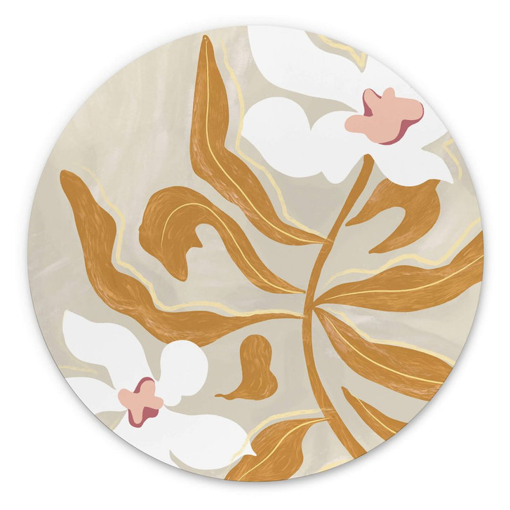 Wandbild Weisse Blüte und goldene Blätter - Alu-Dibond Rund - Arty Guava - WA393906