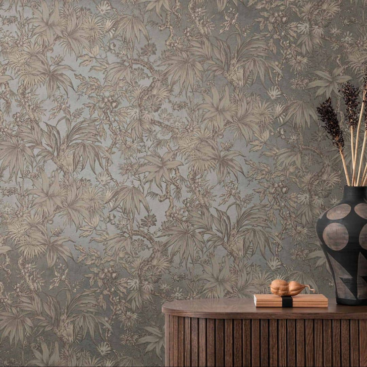 Botanik-Tapete Blau Braun - Exotische Mustertapete floral - Vliestapete - WA480154