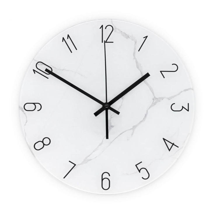 Elegante Wanduhr aus Glas in weisser Marmor-Optik mit schwarzen Ziffern Ø30 cm - WA417780