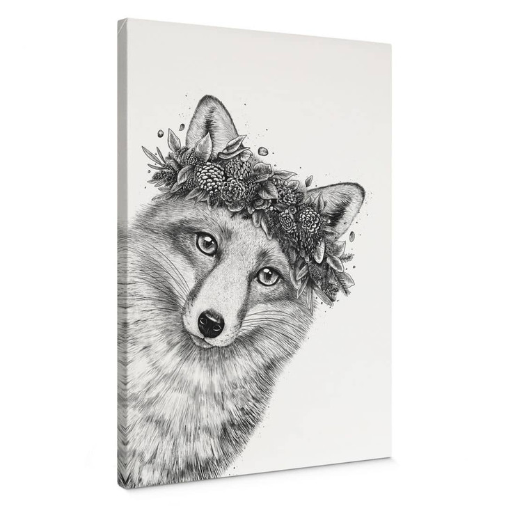 Leinwandbild Schwarz-weisser Fuchs mit Blumenkranz - Korenkova - WA434488