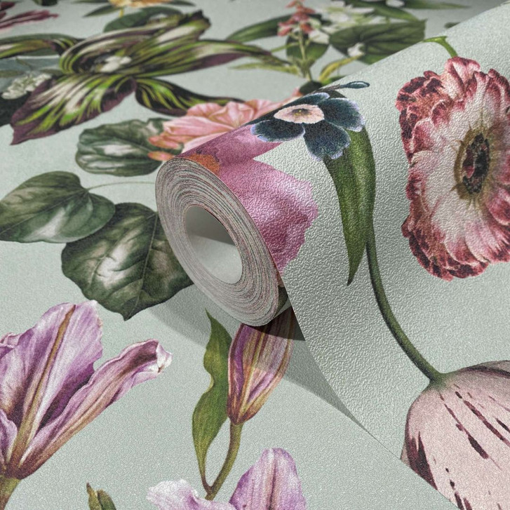 Vliestapete mit Blumenmotiv und Blättern grün, rosa Floral - WA508501