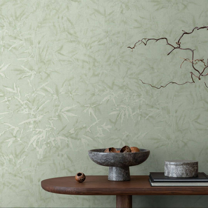 Blätter-Tapete Hellgrün - Dezente Mustertapete mit Bambus-Optik - Vliestapete - WA480148