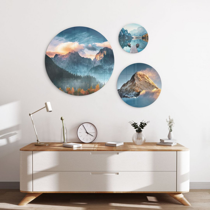 Glasbilder-Set Blick auf die ruhigen Berge (3-teilig) - Rund - WA430635