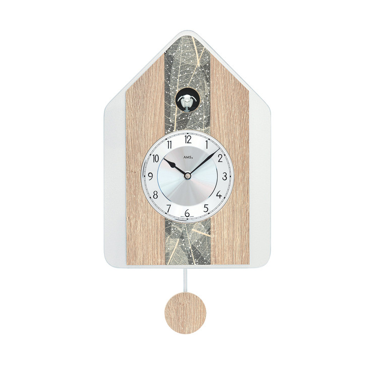 Kuckucksuhr Wanduhr Holzgehäuse, Natur-Baumblatteinlage mit Swarovski Glaskristalle - UG100547