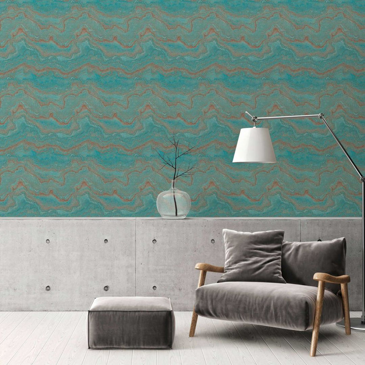 Marmor-Optik Vliestapete in Türkis und Kupfer - Luxuriöse glänzende Wandgestaltung - WA397196