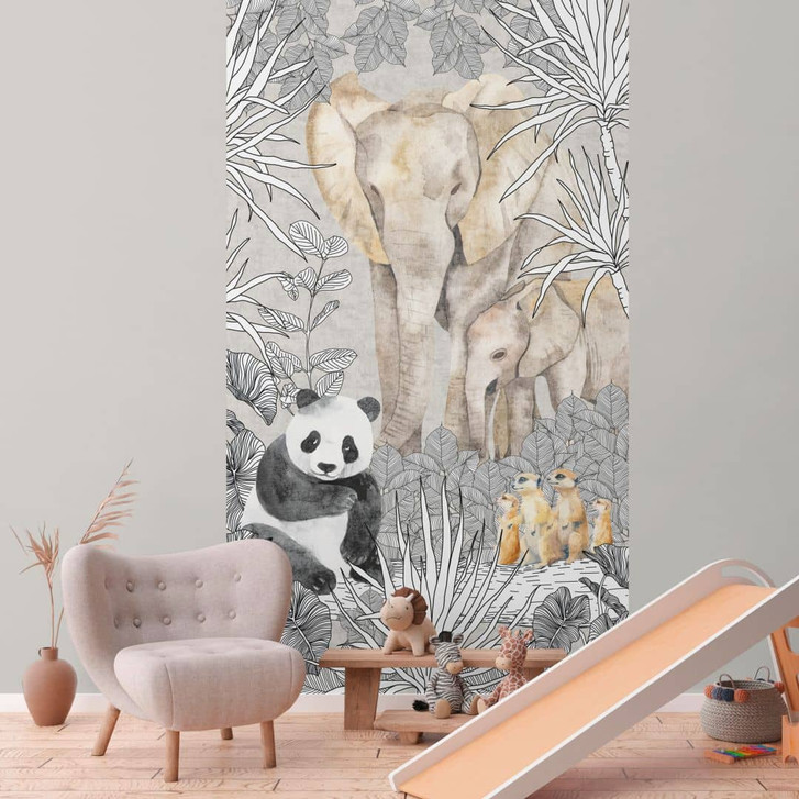 Tierwelt-Fototapete Grau Bunt - Dschungeltiere Panda Elefant Erdmännchen - Vliestapete - WA460915