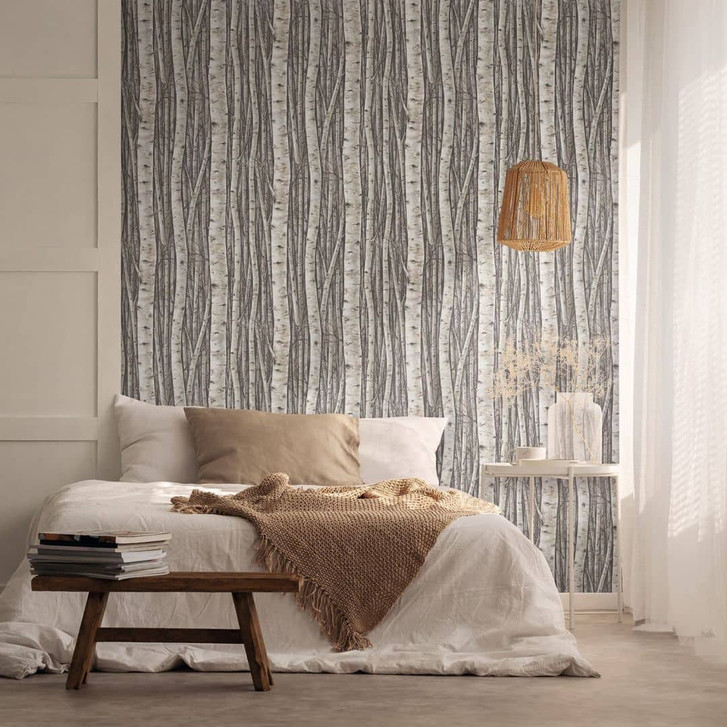 Vliestapete mit Wäldern und Buchenbäumen grau, braun Floral - WA508248