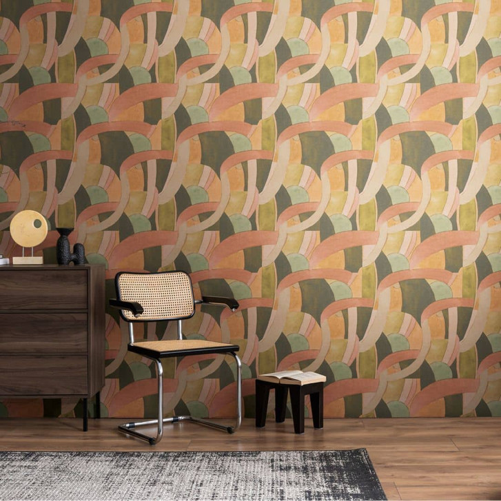 Abstrakte Mustertapete in Terrakotta Grün Beige – Künstlerische Linien-Vliestapete - WA465538
