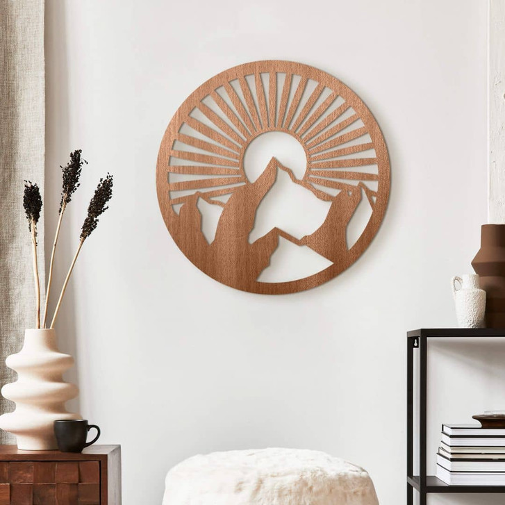 Holzdeko Berglandschaft im Sonnenuntergang - Mahagoniholz Rund - WA355784