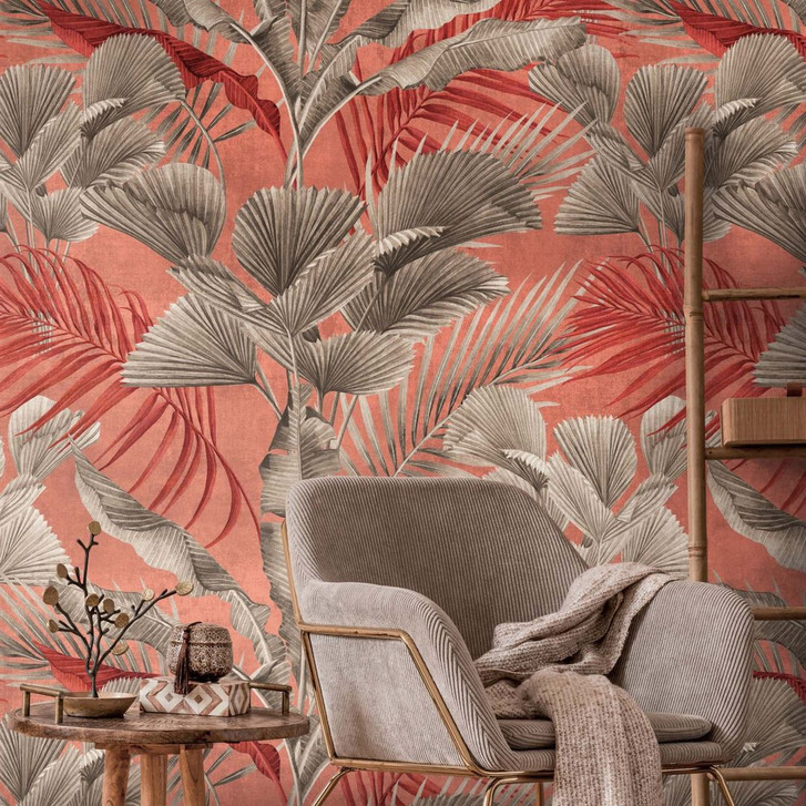 Fototapete Palmen Blätter Rot Grau Dschungel Schlafzimmer Vliestapete - WA382731