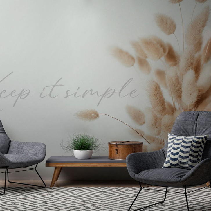 Trockenblumen-Fototapete Beige Weiss – 3.75 x 2.50 m – Vliestapete mit Spruch - WA505012