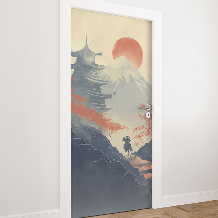 Türfolie Sonnenaufgang über der Pagode - Roze - Selbstklebende Türdeko - WA509865