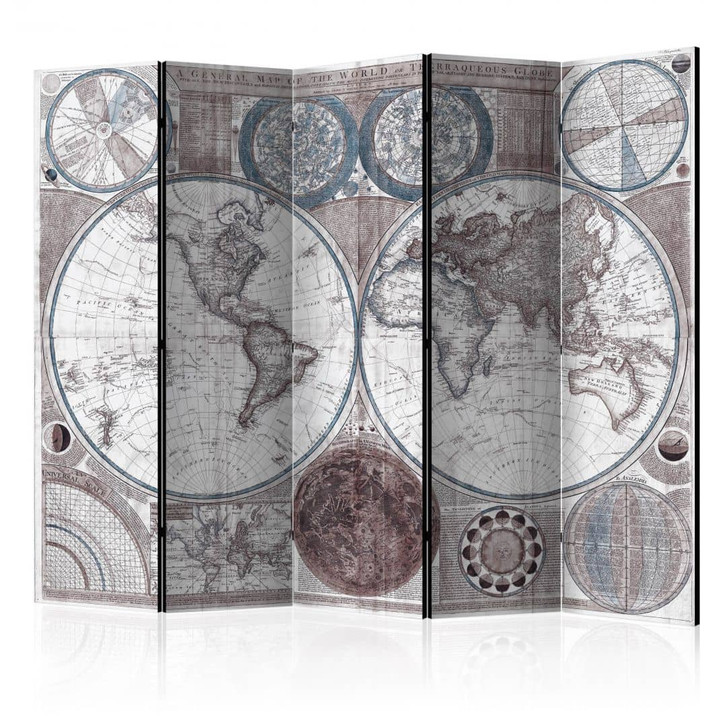 Paravent, Raumteiler freistehend, Trennwand - Weltkarte - Terrestrischer Globus, 5-teilig - 225 x 172 cm - WA454268