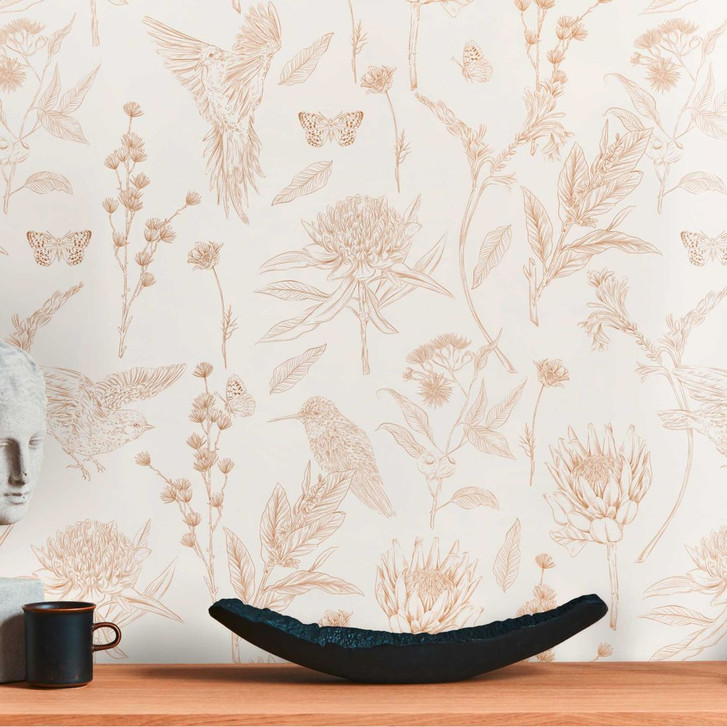 Vliestapete mit Blumen und Vögeln Weiss Braun - Tapete floral im Zeichen-Stil - WA423380